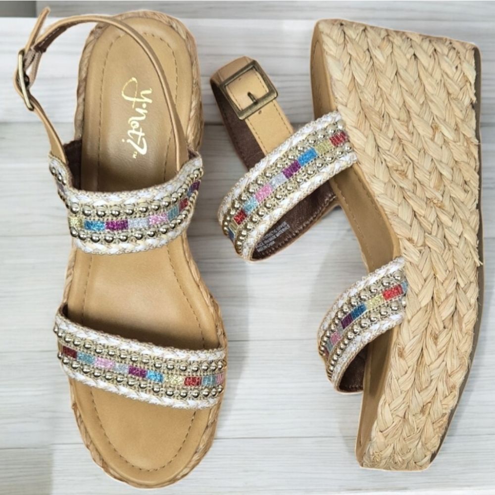 Y-Not Straw Wedge Sandals Huzzah Espadrilles Platform Shoes 8.5 Women's Colorful